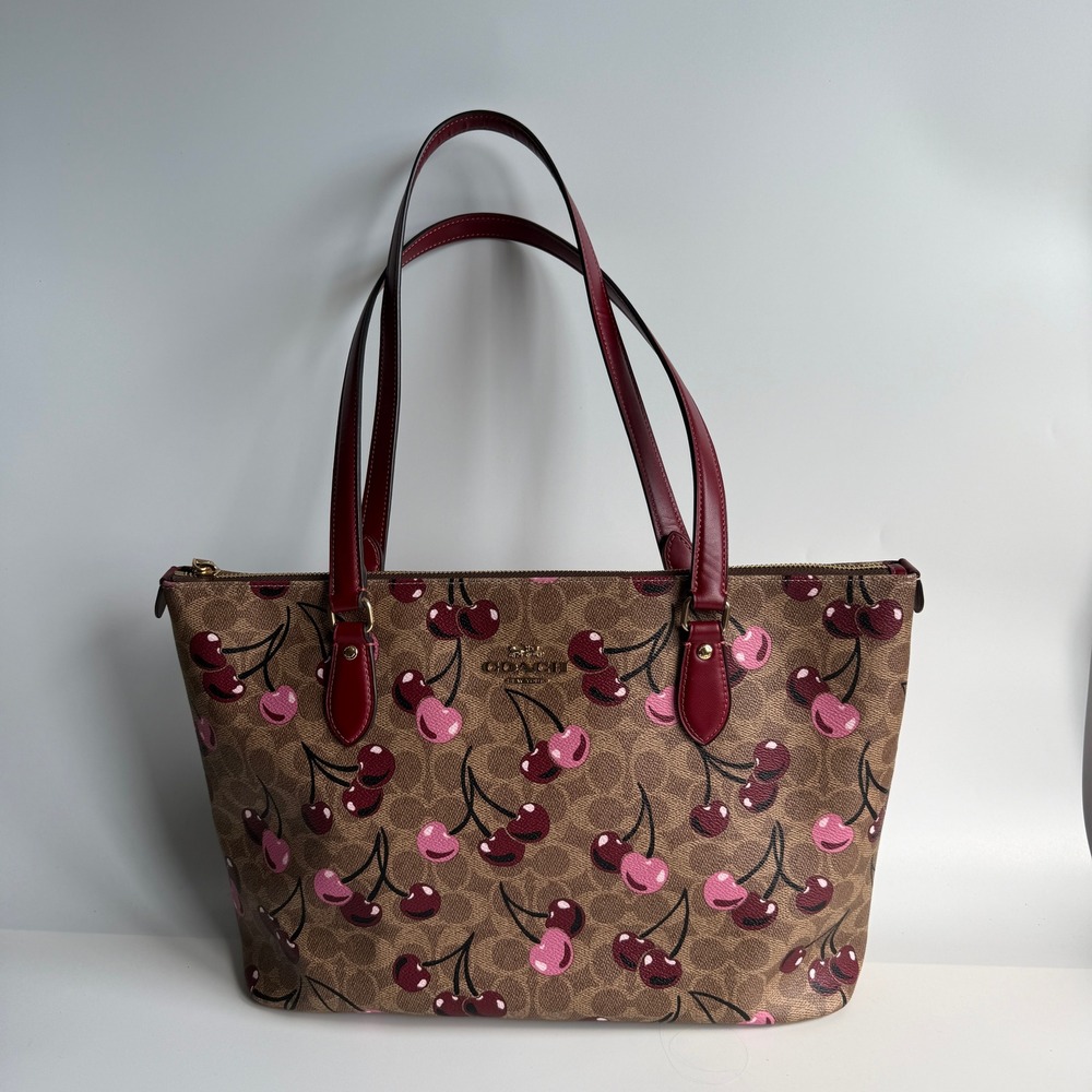 Coach Gallery Tote Tan Cherry Signature Canvas Bag CAA71